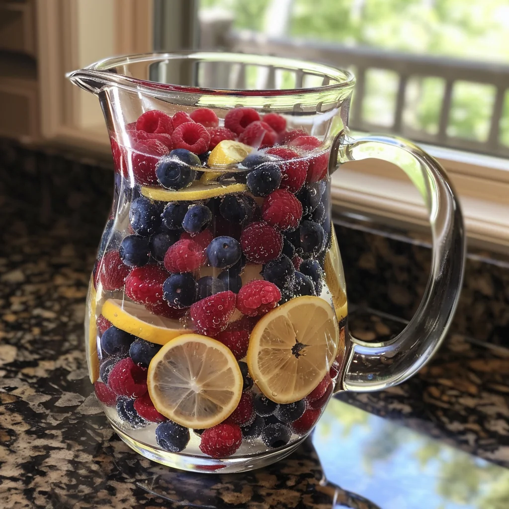 Berry Infused Water Berry infused water is a refreshing and naturally flavored beverage perfect for hydration and a delightful change from plain water. This simple recipe combines fresh raspberries and blueberries to create a subtly sweet and fruity drink. Benefits of Berry Infused Water Hydration: Helps you stay hydrated with a pleasant taste, encouraging more water intake. Natural Flavors: Provides a delicious, natural flavor without any added sugars or artificial ingredients. Antioxidants: Both raspberries and blueberries are rich in antioxidants, offering additional health benefits. Recipe: Berry Infused Water Ingredients: 6 cups cold water 1 cup raspberries 1 cup blueberries Instructions: Combine Ingredients: In a large pitcher, combine the cold water, raspberries, and blueberries. Stir: Stir gently to mix the berries with the water. Chill: Cover the pitcher and place it in the refrigerator to chill for 2-8 hours. This allows the flavors of the berries to infuse into the water. Serve: Serve the berry-infused water chilled, optionally garnished with fresh berries or a slice of lemon. Tips for Success Use Fresh Berries: Fresh raspberries and blueberries will provide the best flavor and nutritional benefits. Adjust Infusion Time: For a stronger berry flavor, let the water infuse for the full 8 hours. Optional Add-Ins: Add a slice of lemon, lime, or a few mint leaves for an extra burst of flavor. Conclusion Berry infused water is an excellent way to enhance your daily hydration routine. The infusion of fresh raspberries and blueberries adds a delightful taste and a touch of natural sweetness, making it easier and more enjoyable to drink plenty of water throughout the day. Enjoy this healthy and refreshing beverage anytime you need a hydration boost!