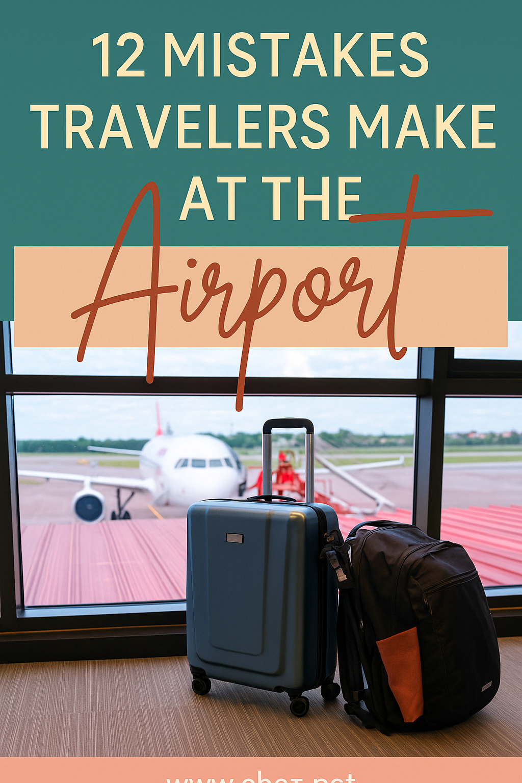 Luggage at an airport terminal window with a plane outside and bold text overlay about traveler mistakes.