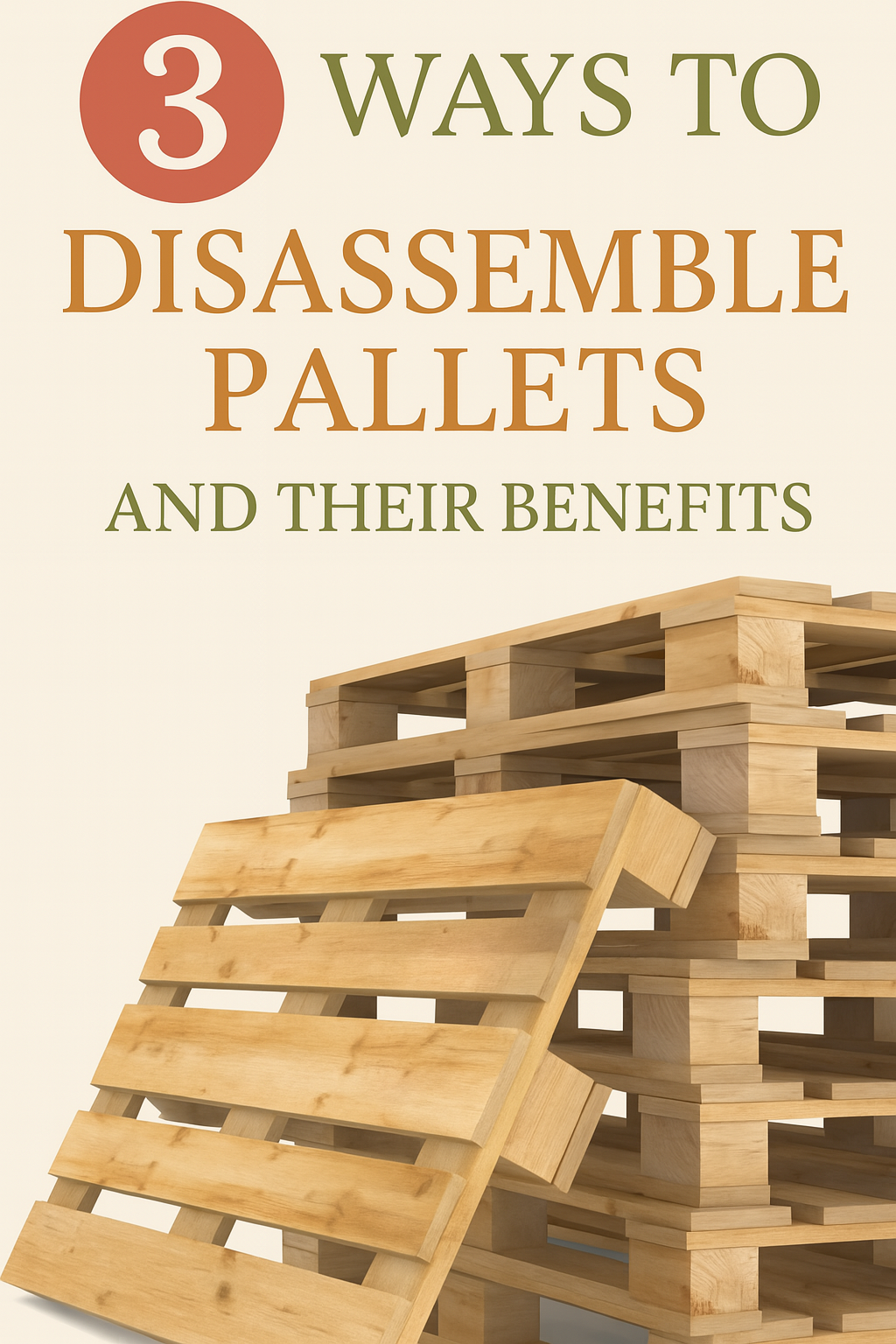 Pinterest graphic showing three wooden pallets stacked with text: “3 Ways to Disassemble Pallets and Their Benefits – Grandma’s Trusted Advice.”