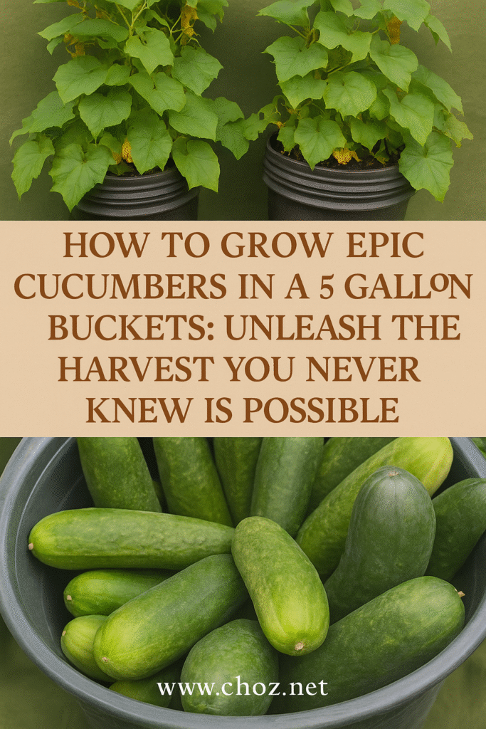 Vertical Pinterest-style graphic showing two cucumber plants growing in black buckets, with bold text: “Grow Epic Cucumbers in a 5 Gallon Bucket – Grandma’s Secrets Inside.”