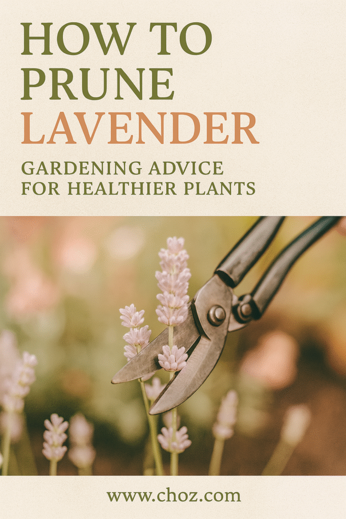 An informative Pinterest-style image showing tips on how to Growing and Caring for Lavender and care for lavender, with a photo of lavender flowers in bloom.