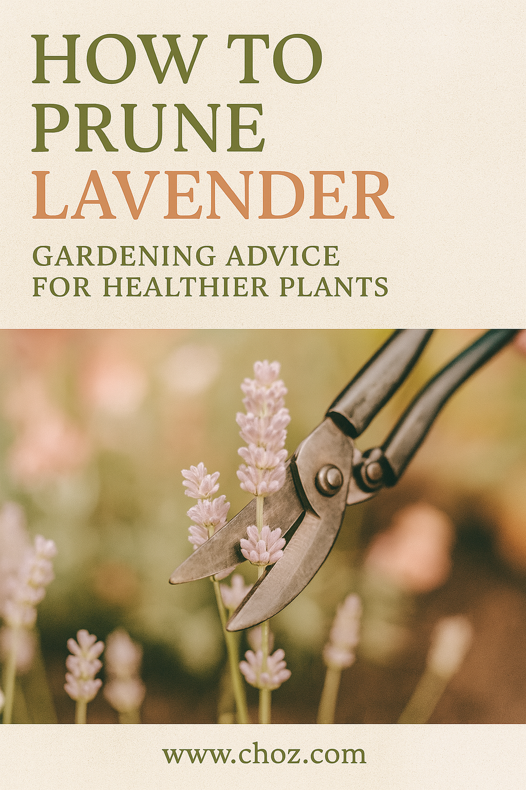 An informative Pinterest-style image showing tips on how to grow and care for lavender, with a photo of lavender flowers in bloom.